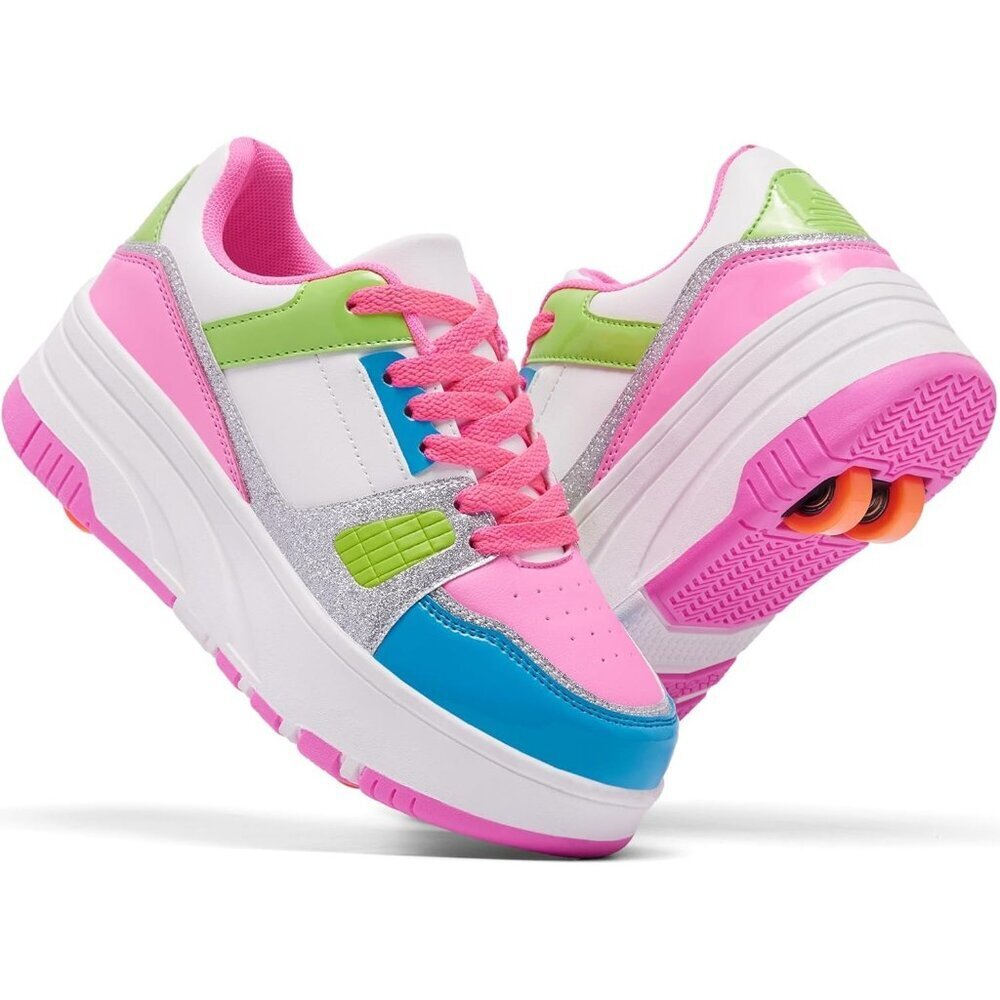 Kids White Deep Rose Red Detachable Wheeled Fashion Sneakers Roller Skate Shoes